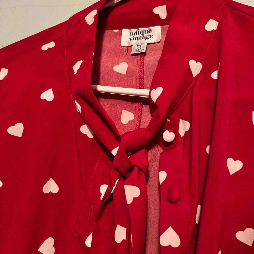 Unique Vintage Red and White Hearts Neck Tie Blouse